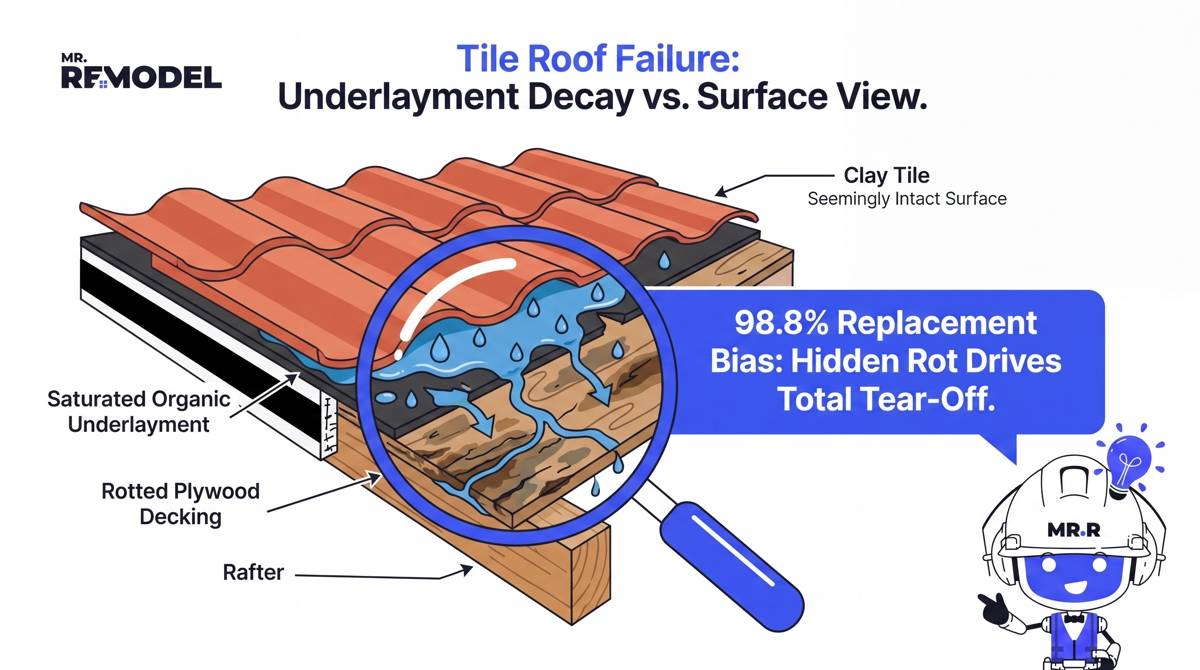 A technical infographic cross-section showing how tile roofs rot from the underside upward due to trapped moisture and degraded underlayment, validating why full replacement is necessary over spot repairs.